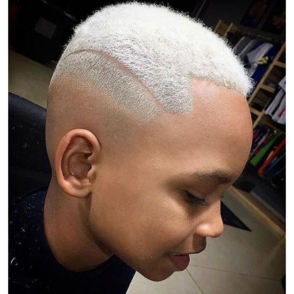 Low Bald Fade with Side Razor Design for Bleached Blonde Hair