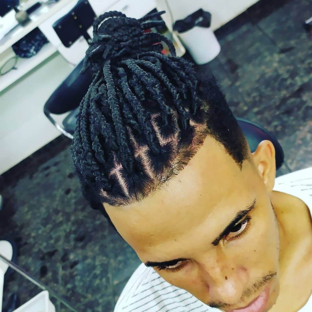Tapered Undercut Long Box Braids Men Top Knot Hairstyle