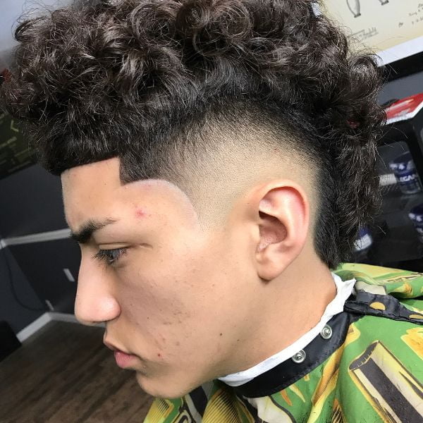 Temple Fade Short Haircut with Extra-Long Curly Mohawk