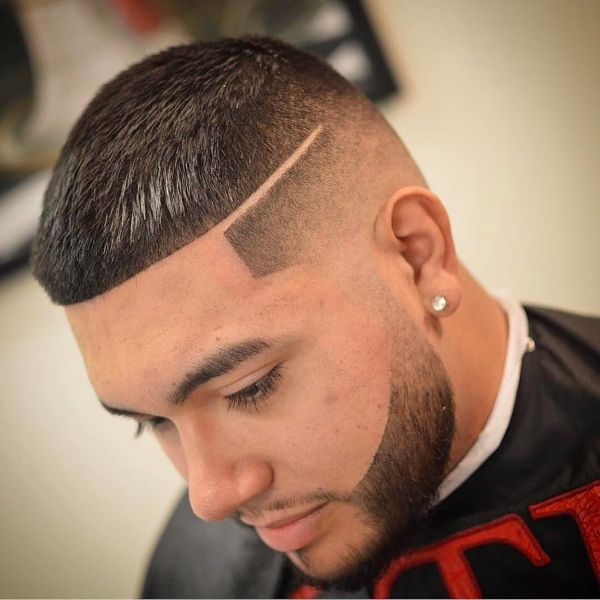 Temple Fade with Straight Cut Top and Separating Line Hairstyle