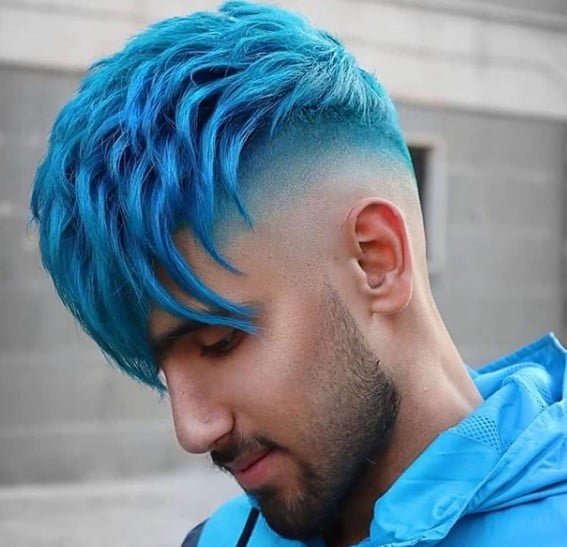 Electric Turquoise Colored Spiky Up Skin Fade Hairstyle for Teenage Guys