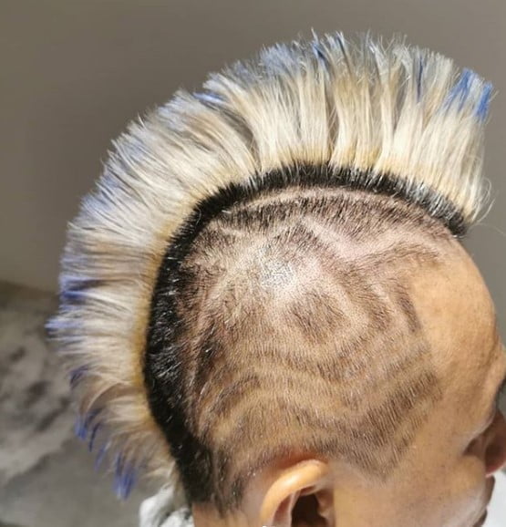 Punk Mohawk Hairstyle with Blue Tips And Hair Tattoo