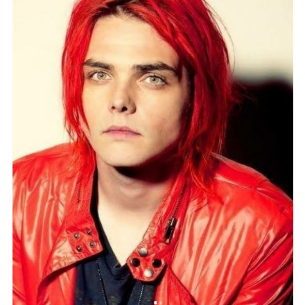  Bright Red Messy Hairstyle For Guys With Middle Part