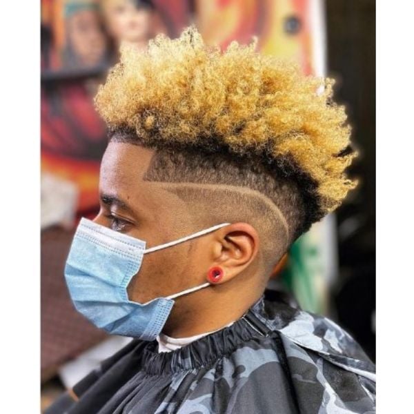  High Fade With Blonde Curly Top And Side Razor Line