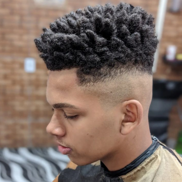 Man wearing brown barber's cape in his Flat Top with Curl Sponge
