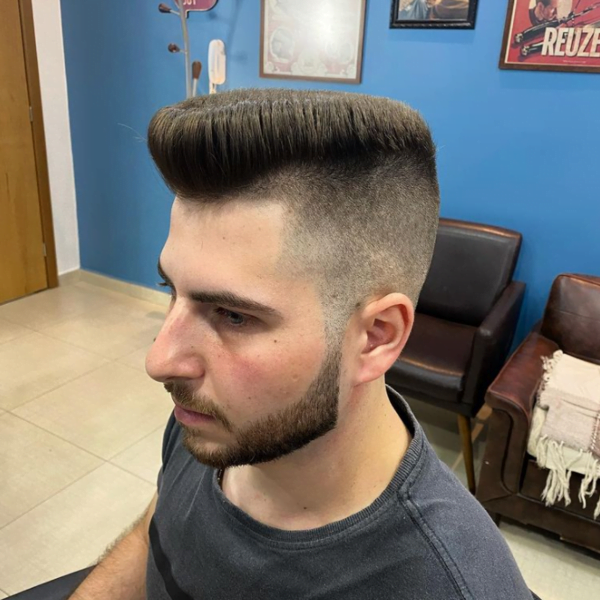 Man in blue shirt with his Quiff and Flat Top Haircut